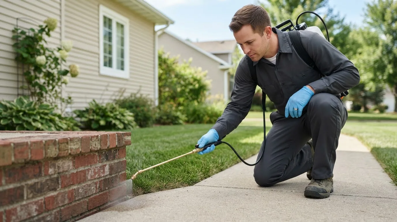 Pest control technician treating a home near Groveton, TX