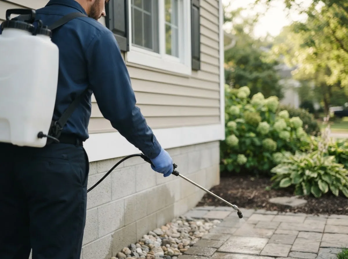 Pest control technician inspecting a home in Groveton, TX
